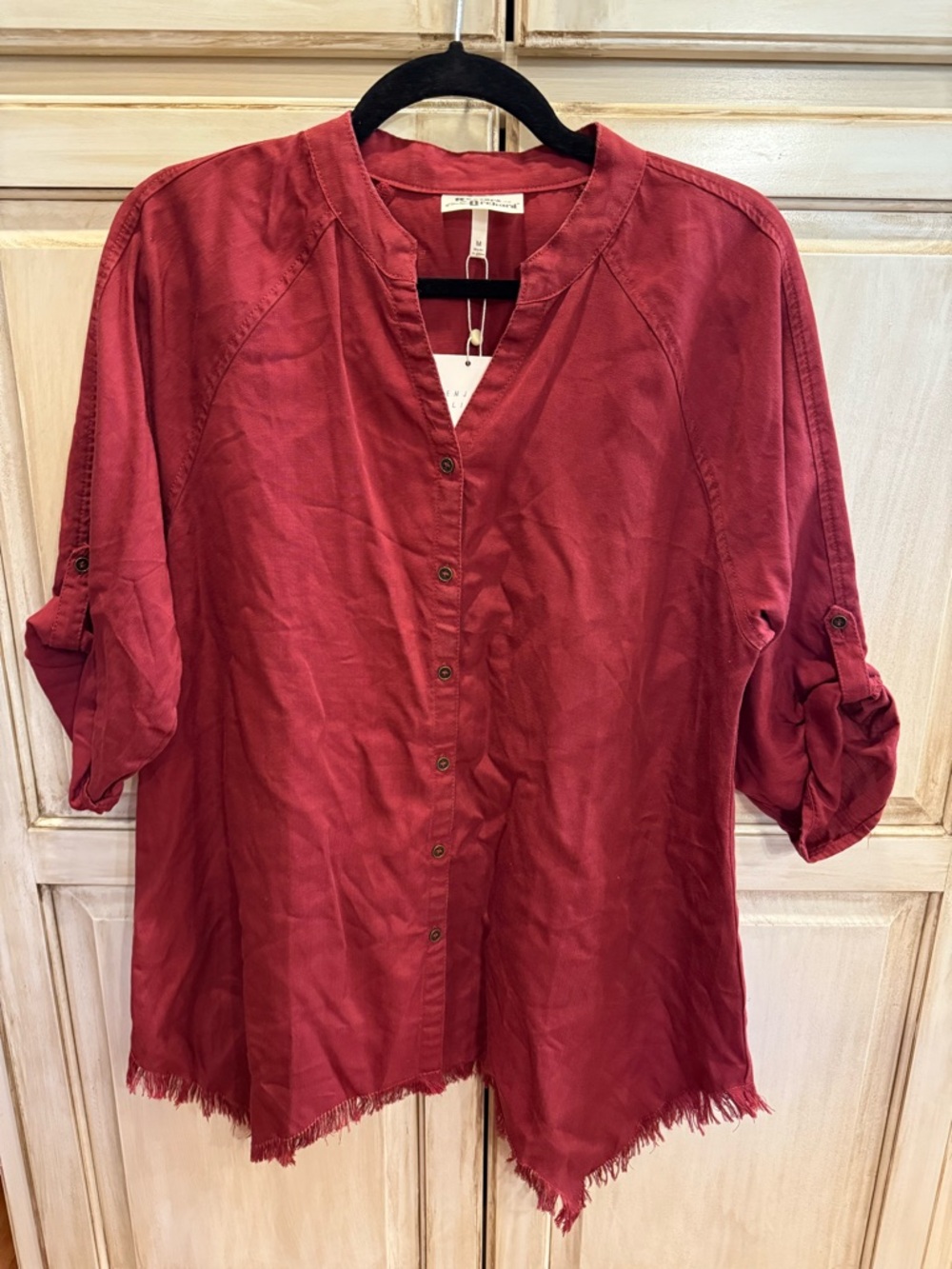 Woven Button-Front Women's Tunic Top in Deep Red
